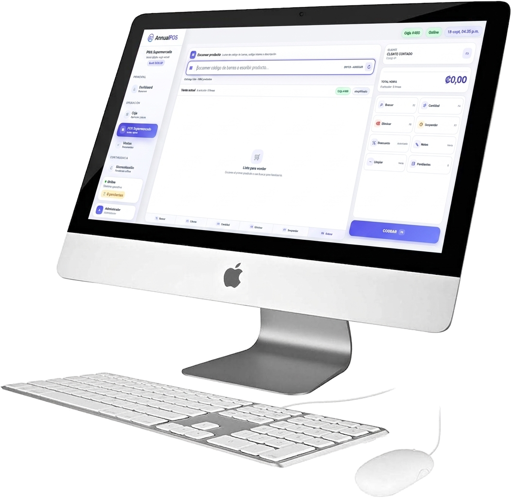 AnnualPOS Supermercado mostrado en una computadora de escritorio iMac.